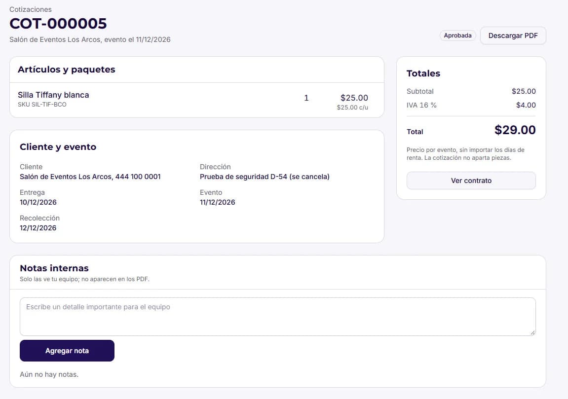 Detalle de una cotización en MontiX con artículos, subtotal, IVA al 16 %, total, cliente, fechas de entrega, evento y recolección, y descarga en PDF