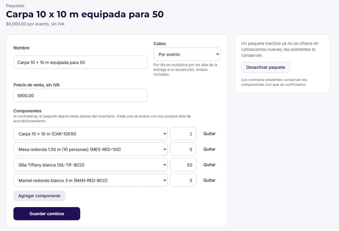 Edición de un paquete en MontiX: carpa de 10 × 10 m equipada para 50 personas con mesas, sillas y manteles como componentes, cobro por evento y precio sin IVA