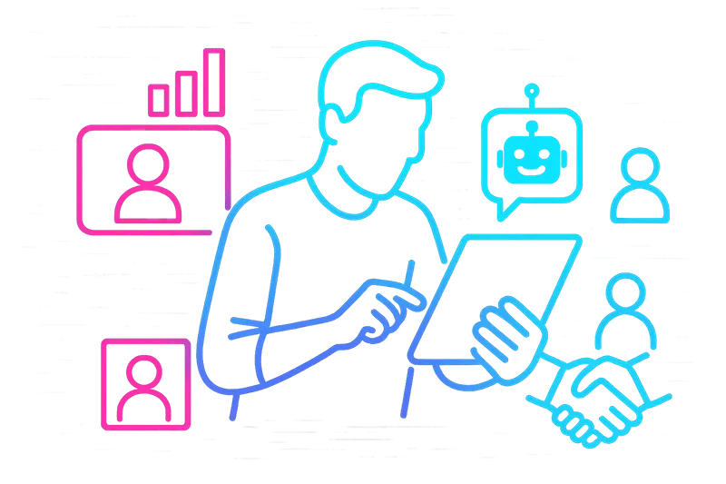 Empresario interactuando con Chatbots y Asistentes Virtuales desde su tablet