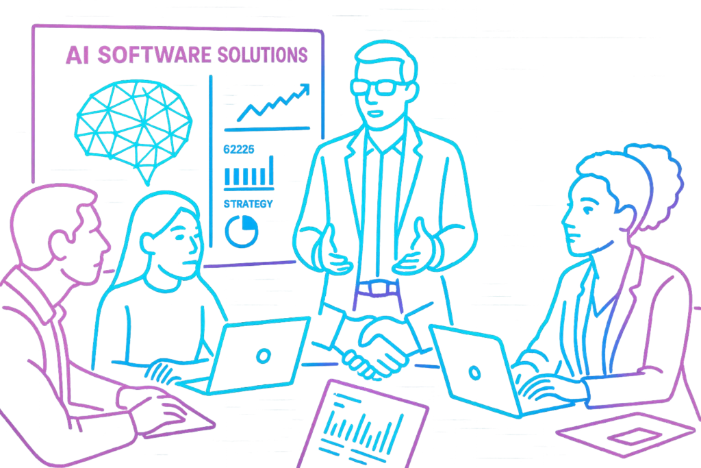 Equipo empresarial discutiendo soluciones digitales con IA
