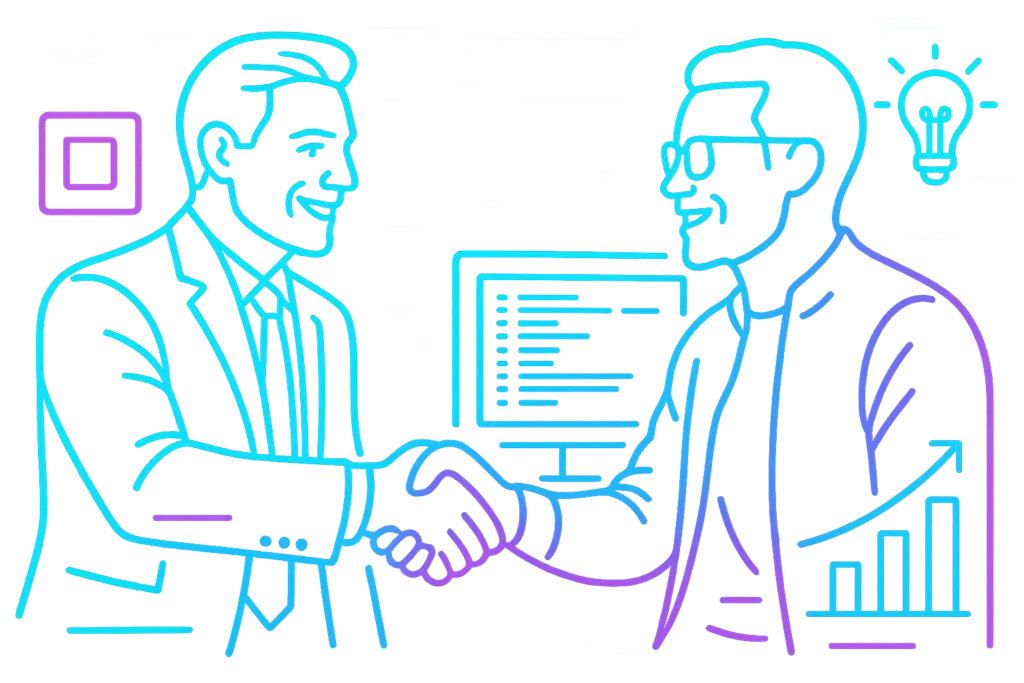 Cliente estrechando manos con experto en soluciones tecnológicas.