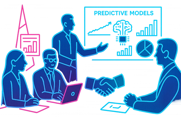 Equipo de expertos en modelos predictivos presentando resultados